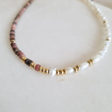 Load image into Gallery viewer, Rhodonite, Herkimer diamond and Pearl Necklace, Gold; Rose Gold; Silver, Stainless Steel
