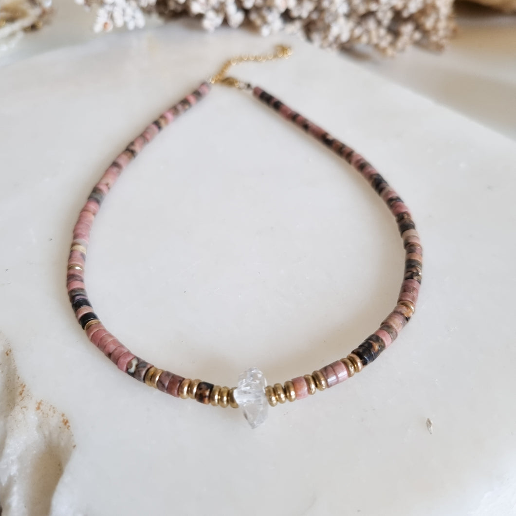 Rhodonite Necklace with Herkimer, Gold; Rose Gold; Silver, Stainless Steel