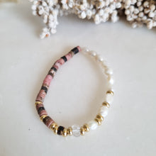 Load image into Gallery viewer, Rhodonite bracelet, half pearls and herkimer diamond, gold; rose gold; silver
