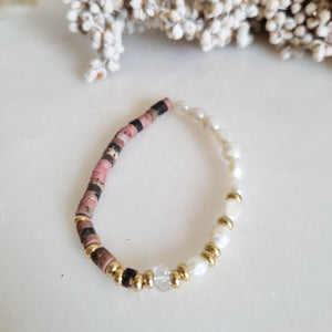 Rhodonite bracelet, half pearls and herkimer diamond, gold; rose gold; silver