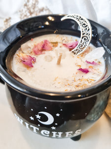 Witches Brew Candle Cup with Crystals and Dried Flowers - Lavender Ylang Ylang
