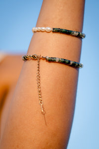 Rhodonite bracelet, half pearls and herkimer diamond, gold; rose gold; silver