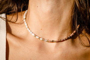 Rhodonite, Herkimer diamond and Pearl Necklace, Gold; Rose Gold; Silver, Stainless Steel