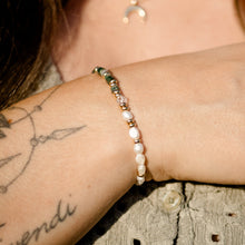 Load image into Gallery viewer, Moss Agate bracelet with half pearls and herkimer diamond, gold; rose gold; silver
