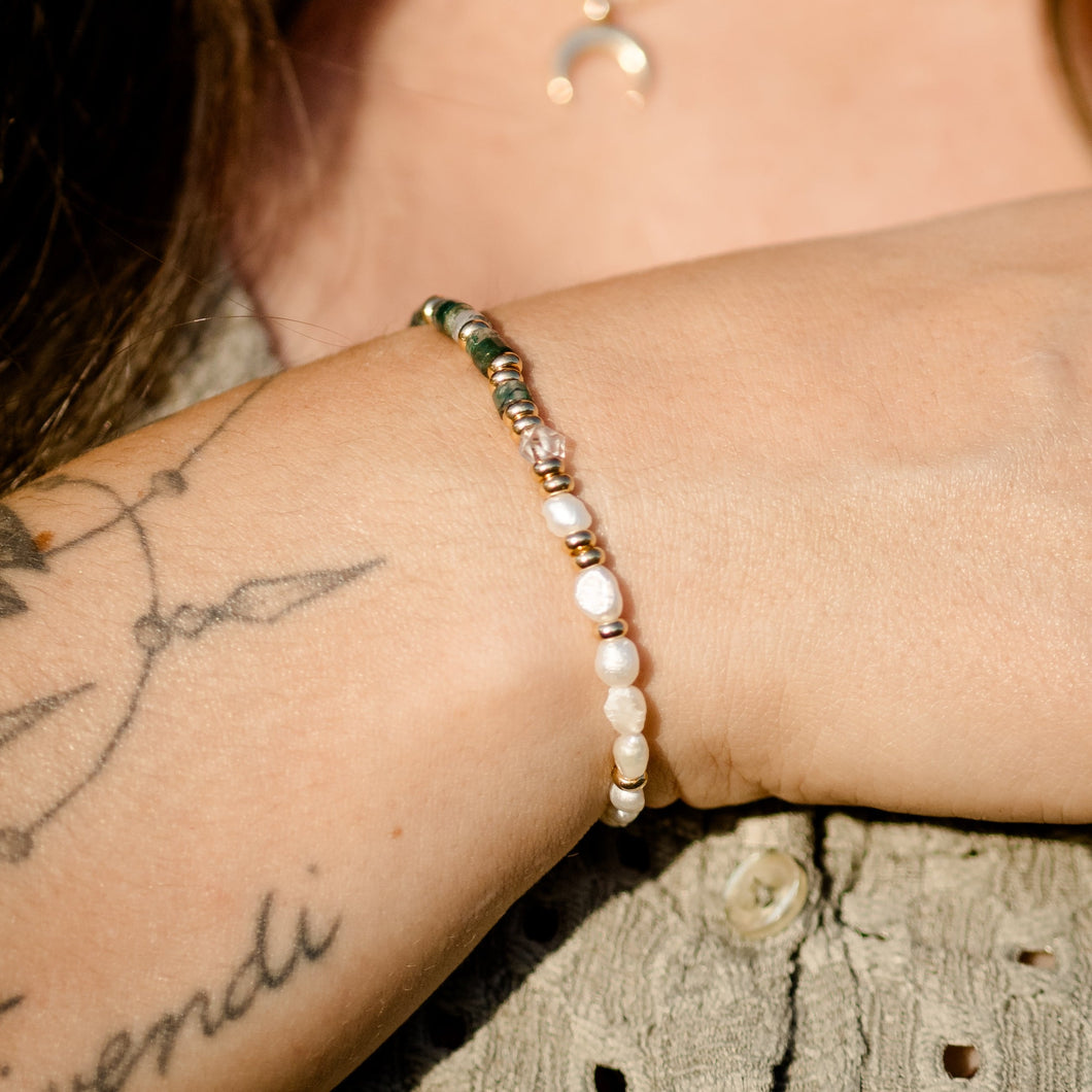 Moss Agate bracelet with half pearls and herkimer diamond, gold; rose gold; silver