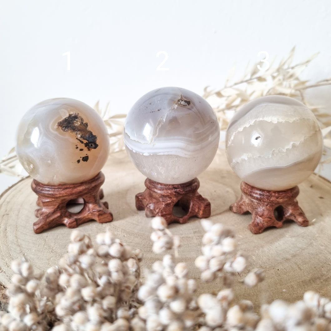 Flower Agate Sphere with Wood Stand - Hex + Stones