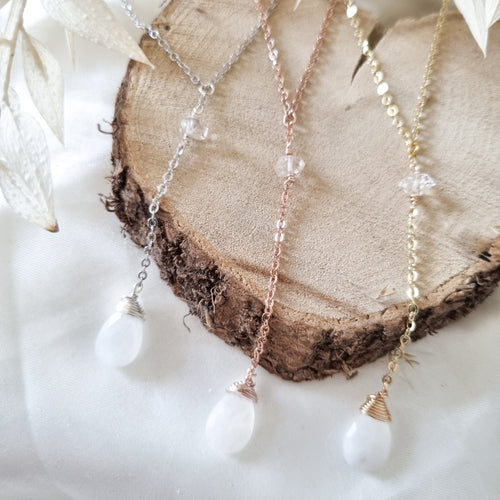 Moonstone Hanging Necklace with Herkimer 35cm - 40cm + Hanging 6cm - Hex + Stones