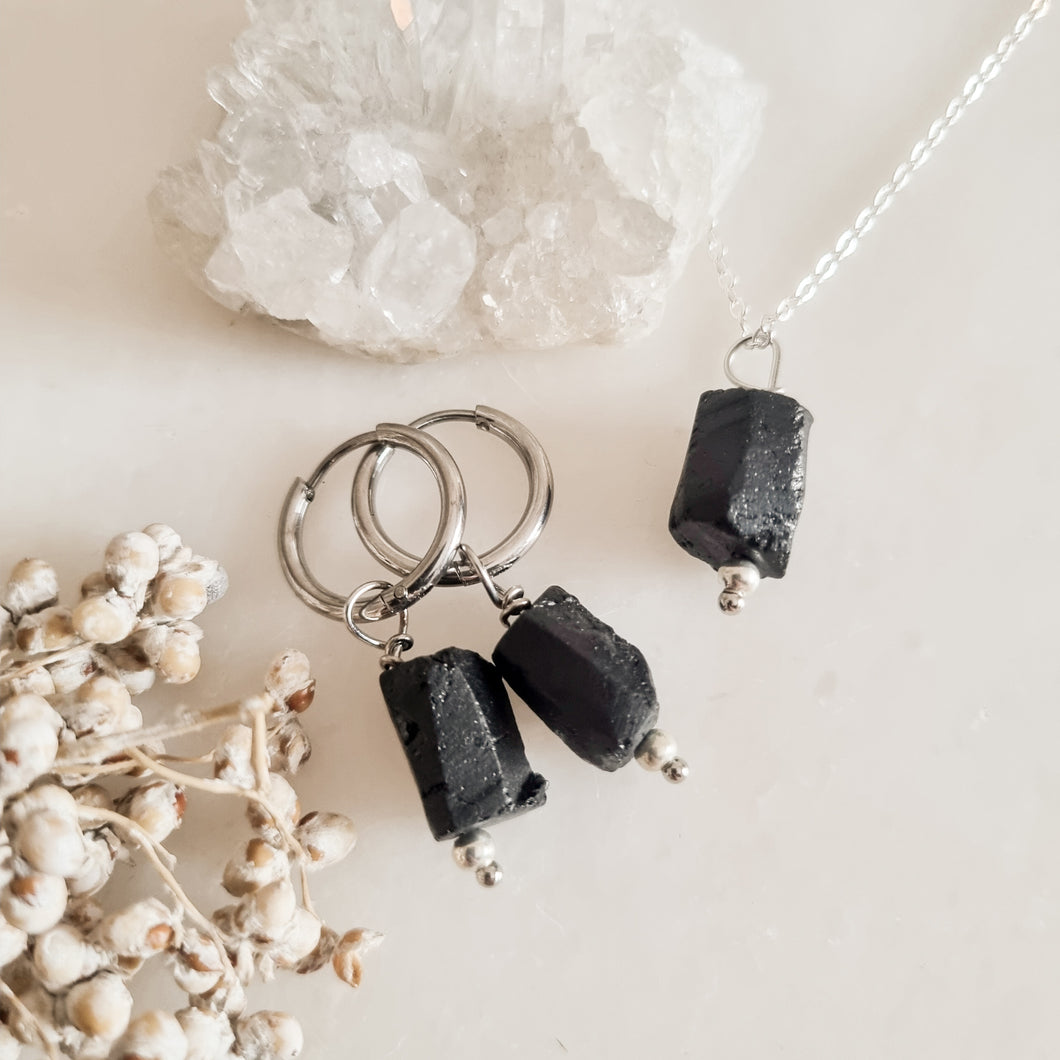 Black Tourmaline Earrings and Necklace Set for Protection