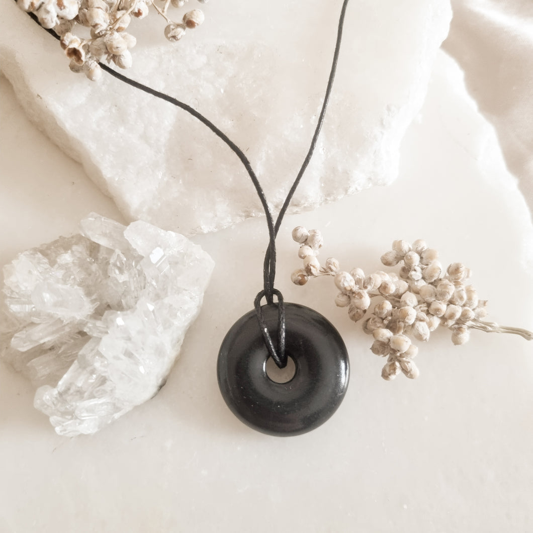 Shungite Donut Necklace with black Cord